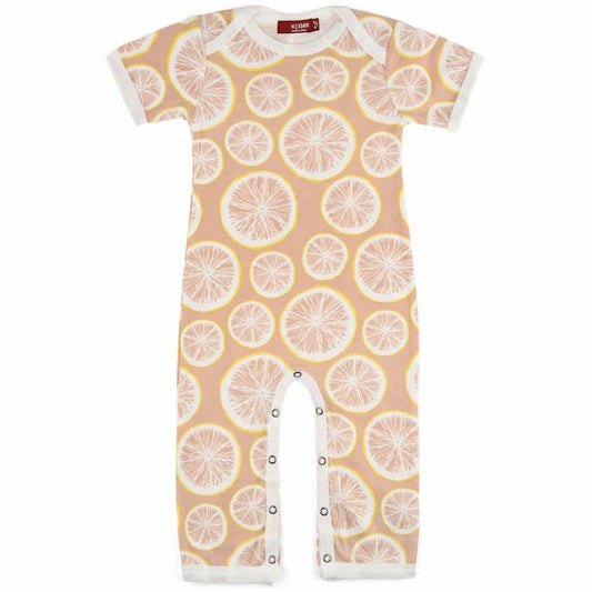Pale Orange Organic Cotton Romper or Jumpsuit in the Grapefruit Citrus Print by Milkbarn Kids