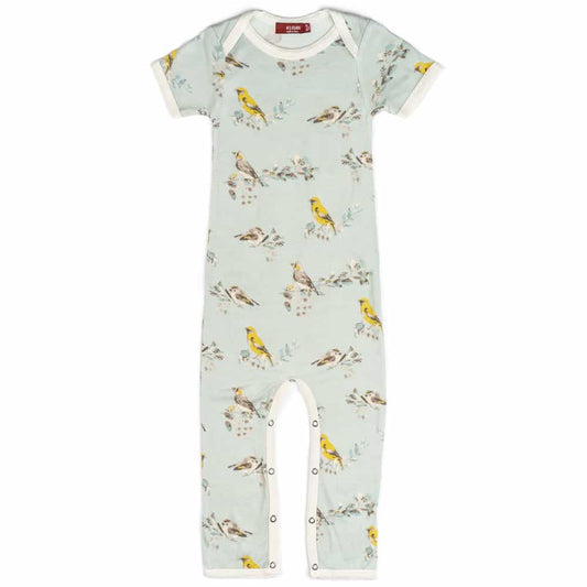 Bamboo Baby Romper Jumpsuit in the Light Blue Bird Print by Milkbarn Kids