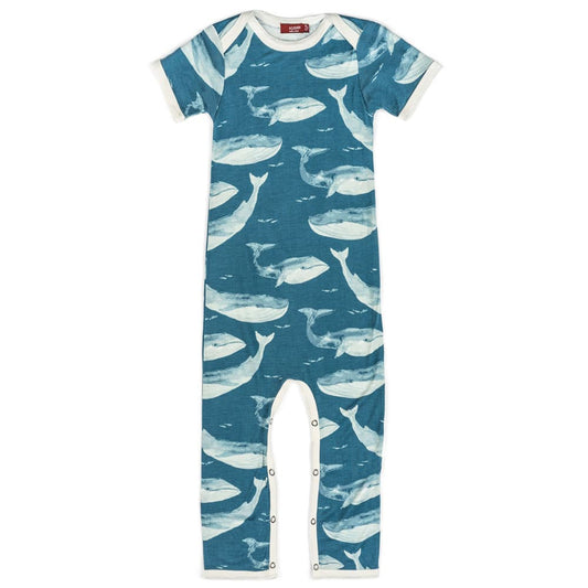 Bamboo Baby Romper Jumpsuit in the Blue Whale Ocean Print by Milkbarn Kids