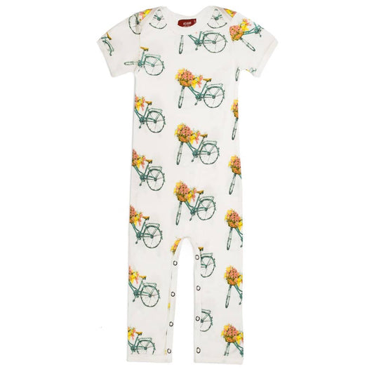 Bamboo Baby Romper Jumpsuit in the Floral or Flower Bicycle Print by Milkbarn Kids