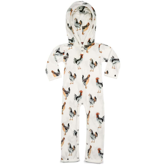 White Organic Cotton Hooded Romper or Jumpsuit in the Chicken and Rooster Print by Milkbarn Kids