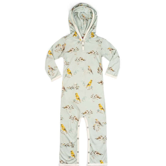 Bamboo Baby Hooded Romper or Jumpsuit in the Blue Bird Print by Milkbarn Kids