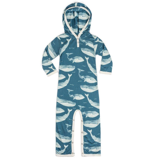 Bamboo Baby Hooded Romper or Jumpsuit in the Blue Whale Print by Milkbarn Kids