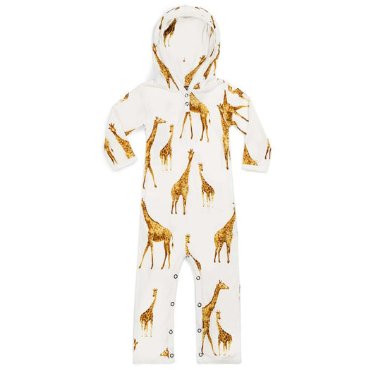 Bamboo Hooded Romper in the Orange Giraffe print by Milkbarn Kids