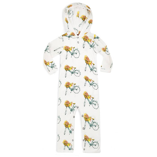 Milkbarn Hooded Romper in Bamboo Floral Bicycle print