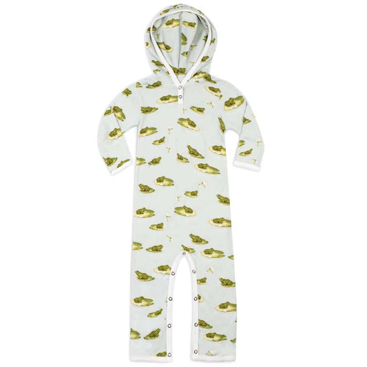 Milkbarn Kids Bamboo Hooded Romper or Jumpsuit in the Leapfrog Print