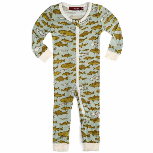 Milkbarn Kids Bamboo Baby Zipper Pajama or PJs in the Blue Fish Print