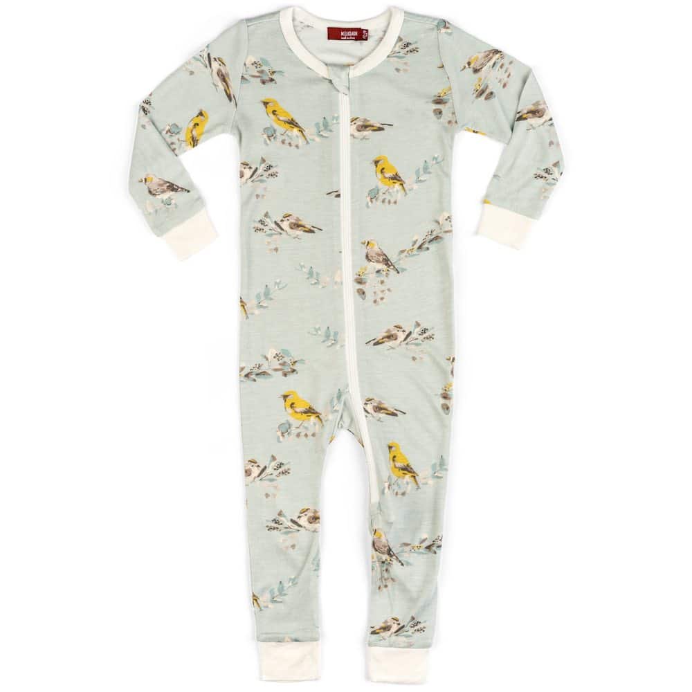 Milkbarn Kids Rayon from Bamboo Zipper Pajama baby Apparel Pajama in Blue Bird fabric Front