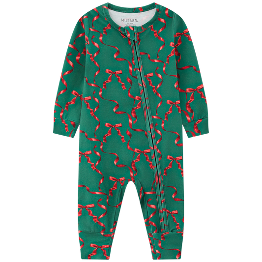 Cotton Stretch Zipper Pajama Holiday Ribbon