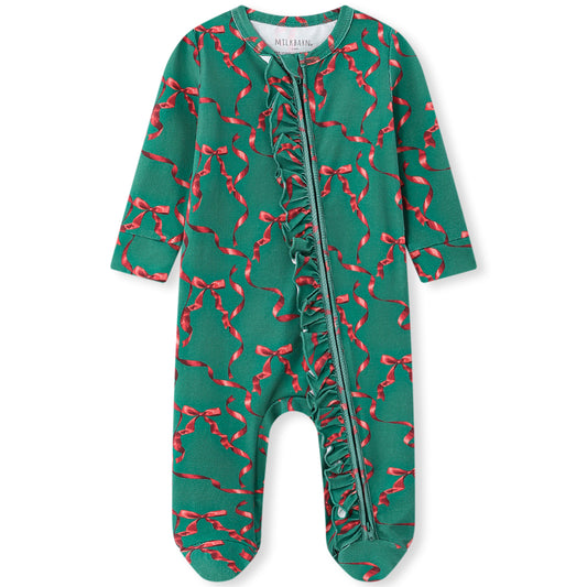 Cotton Stretch Ruffle Footed Romper Holiday Ribbon