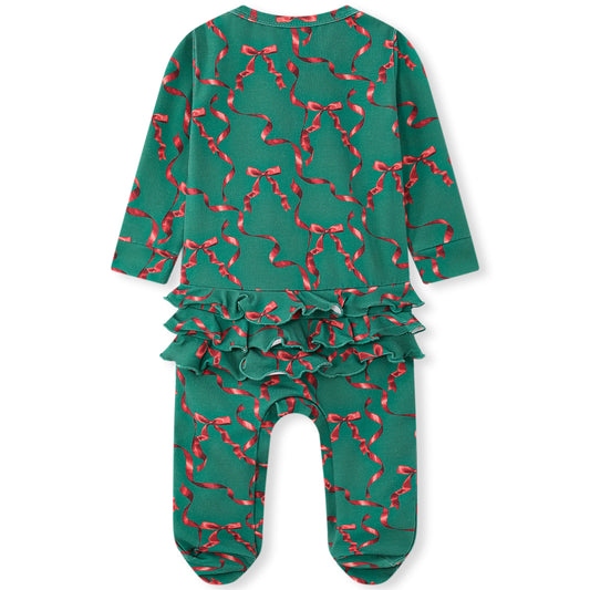 Cotton Stretch Ruffle Footed Romper Holiday Ribbon