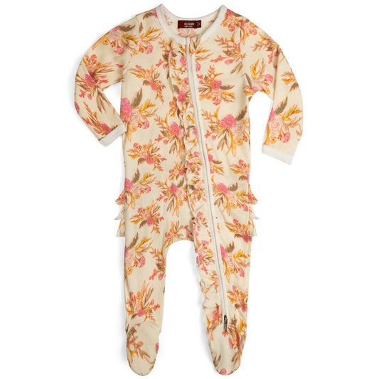 Vintage Floral Organic Ruffle Zipper Footed Romper Front
