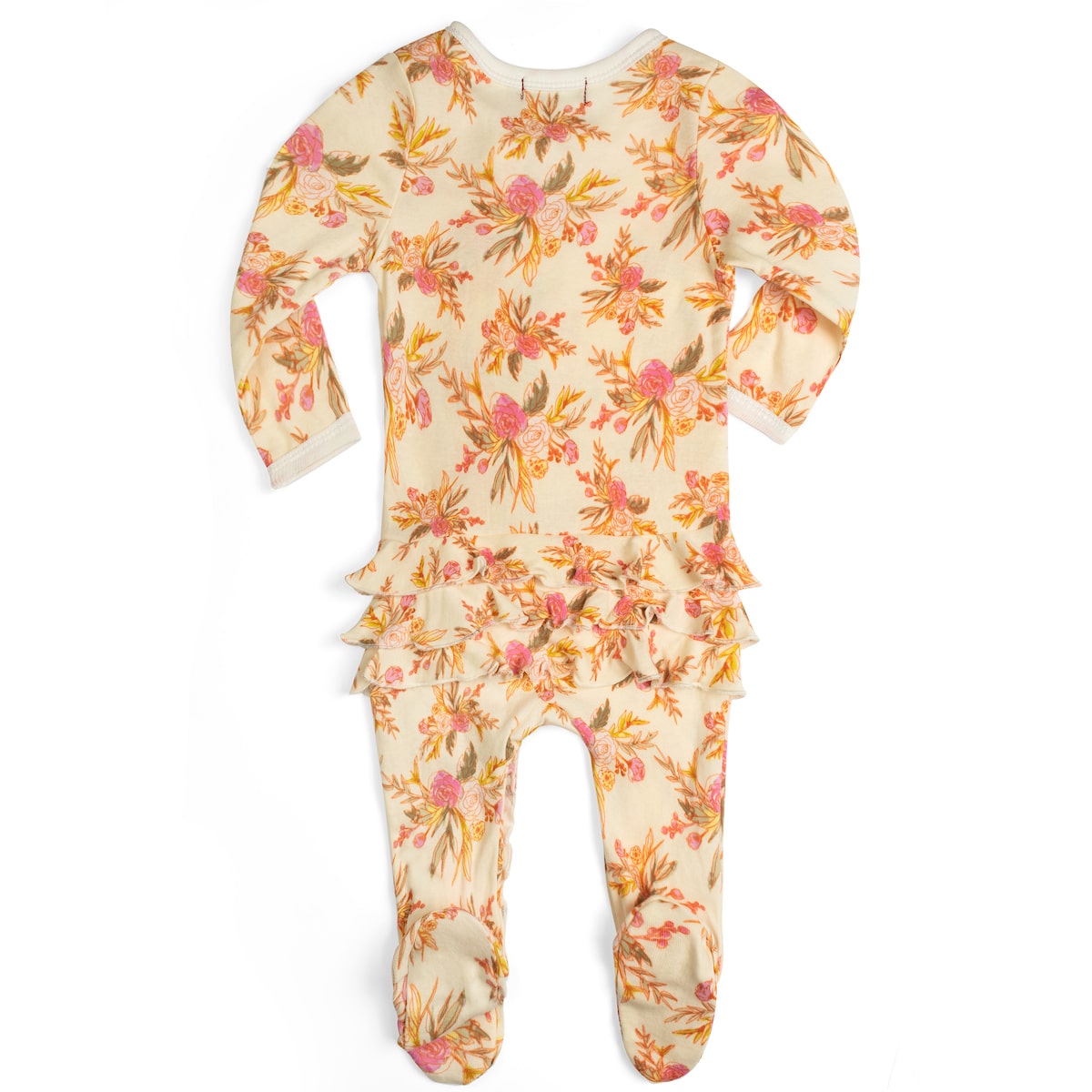 Vintage Floral Organic Ruffle Zipper Footed Romper Rear
