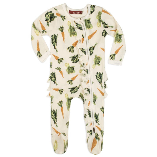 Fresh Veggies Organic Ruffle Zipper Footed Romper Front by Milkbar