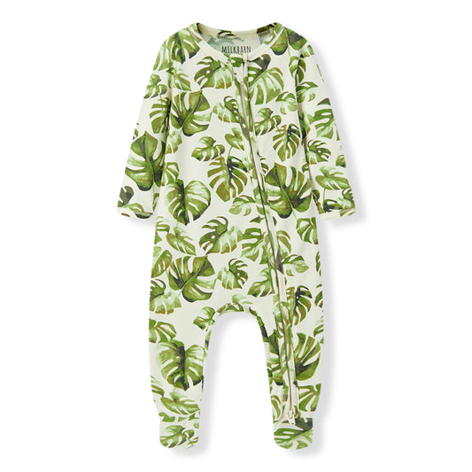 Island Leaf Cotton Stretch Zipper Footed Romper