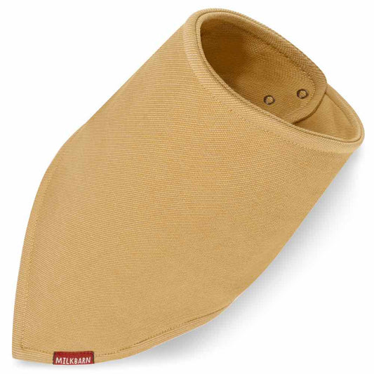 Kerchief Bib or Bandana Bib in the Organic Cotton and Recycled Polyester Blend Rust Denim Fabric by Milkbarn Kids