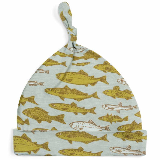 Bamboo Baby Knotted Hat or Beanie in the Blue Fish or Bass Print by Milkbarn Kids
