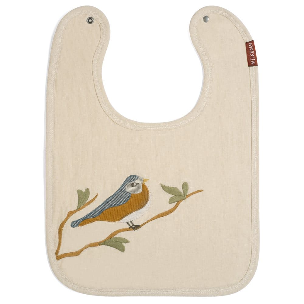 Milkbarn Kids Linen Organic Knit Cotton Applique Linen Bib Bird baby Accessories Bib in Blue Bird fabric Front
