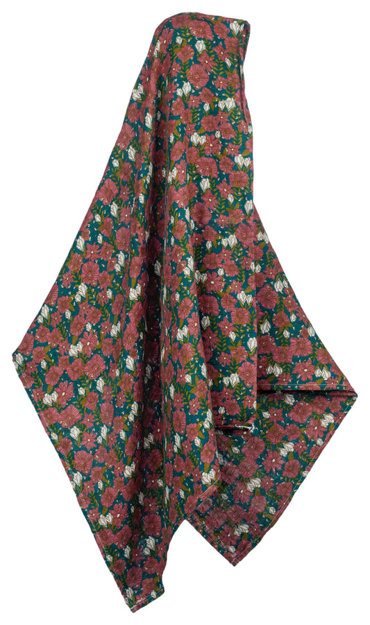 Teal Floral Bamboo Muslin Swaddle Blanket