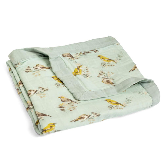 Folded Light Blue Big Lovey Blanket with the Blue Bird Print Made of Organic Cotton and Bamboo by Milkbarn Kids