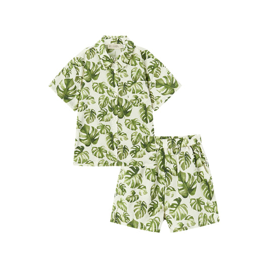 Island Leaf Collar Button-Up Shirt and Shorts Set