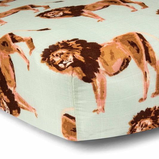 Lion Bamboo Muslin Fitted Crib Sheet by Milkbarn Kids