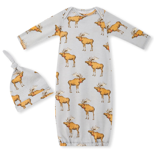 Organic Cotton Newborn Gown & Hat Set Moose