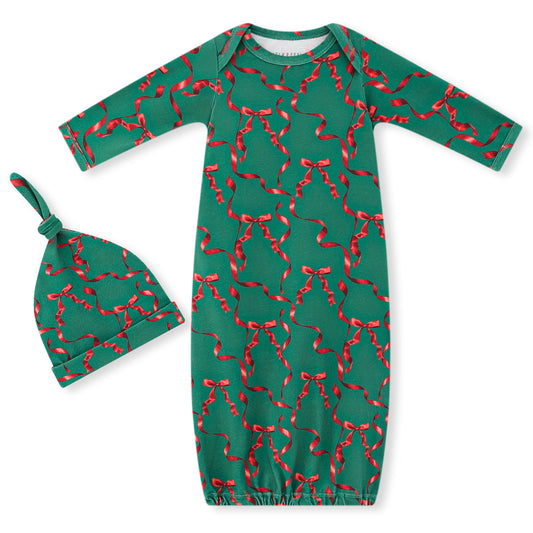 Cotton Stretch Newborn Gown & Hat Set Holiday Ribbon