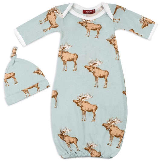 Milkbarn Kids Bamboo Newborn or Baby Gown and Hat Set in the Blue Moose print
