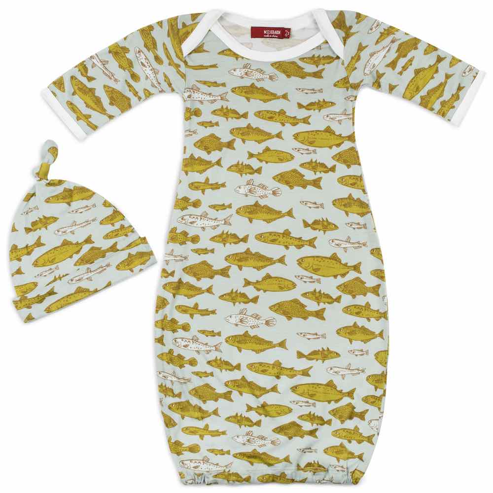 Milkbarn Kids Bamboo Newborn or Baby Gown and Hat Set in the Blue Fish print