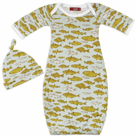 Milkbarn Kids Bamboo Newborn or Baby Gown and Hat Set in the Blue Fish print
