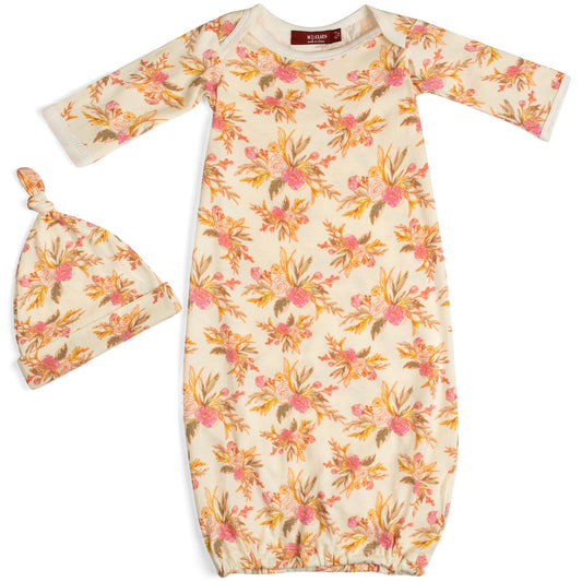 Vintage Floral Organic Newborn Gown and Hat Set