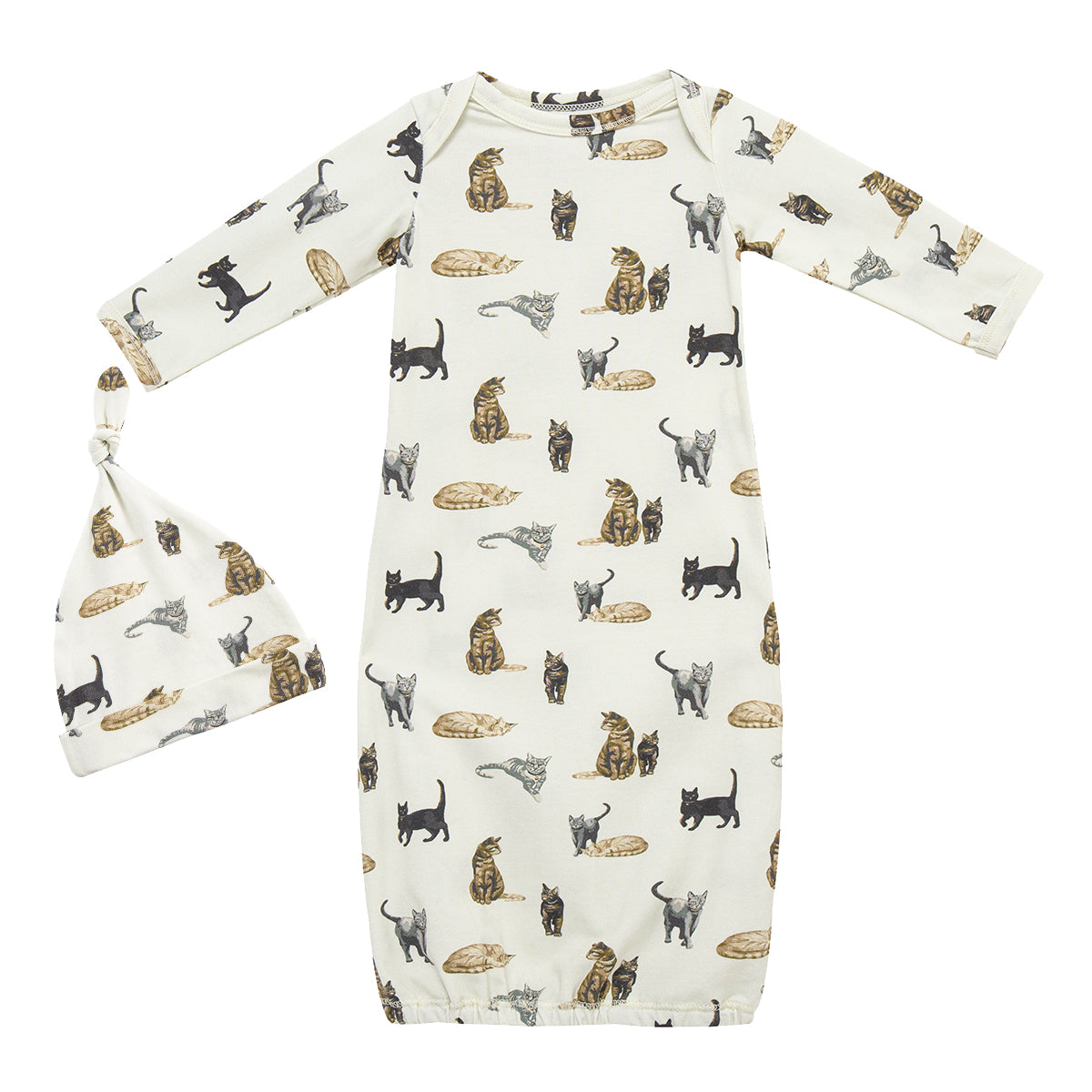 Cat Cotton Stretch Newborn Gown & Hat Set