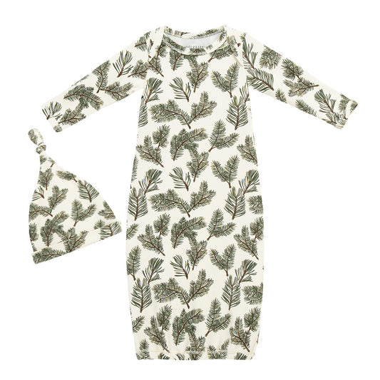 Pine Brushed Newborn Gown & Hat Set