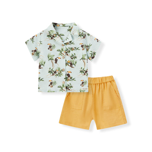 Blue Sky Toucan Linen Button-Up Shirt and Shorts Set