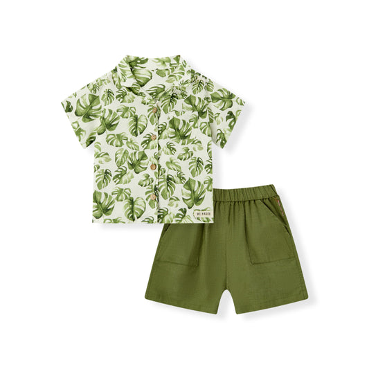 Island Leaf Linen Button-Up Shirt and Shorts Set