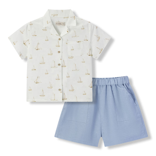 sailboat melody linen button up shirt and shorts set