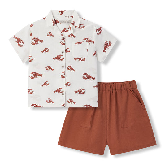 cream lobster linen button up shirt and shorts set