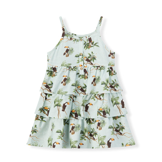 Blue Sky Toucan Linen Tiered Dress