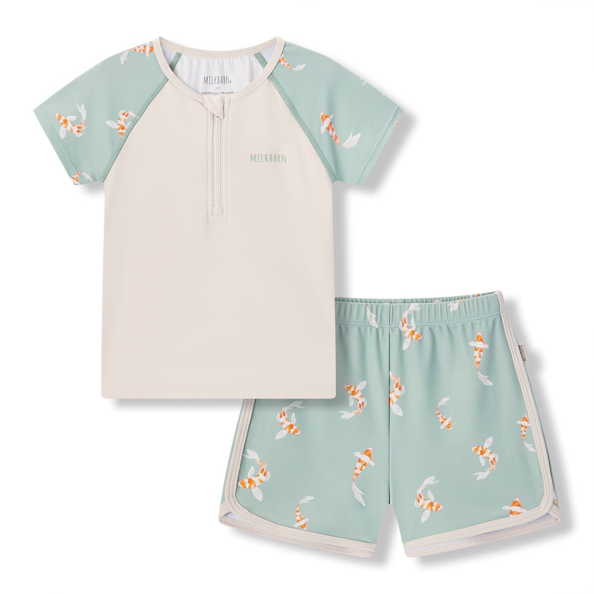 swimming koi zipper top and swim trunks