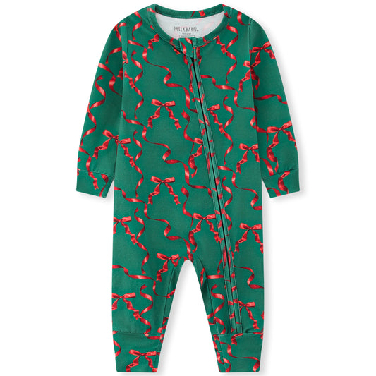 Cotton Stretch Convertible Footed Romper Holiday Ribbon