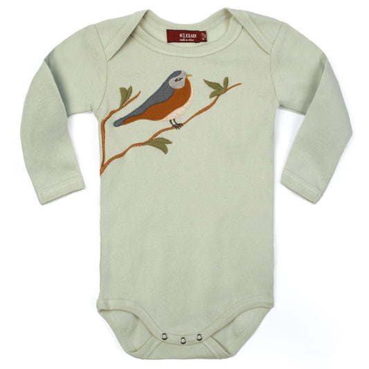 Bird Applique Organic Cotton Long Sleeve One Piece by Milkbarn Kids