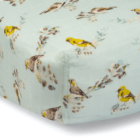 Blue Bird Bamboo Muslin Fitted Crib Sheet by Milkbarn Kids