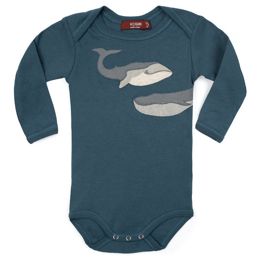 Blue Whale Applique Organic Cotton Long Sleeve One Piece by Milkbarn Kids