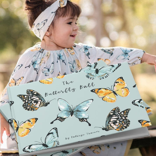 Butterfly Ball by Kathryn Trainor for Milkbarn Kids, blue, yellow, and black butterflies
