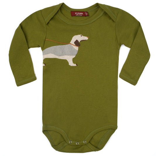 Green Dog Applique Organic Cotton Long Sleeve One Piece by Milkbarn Kids