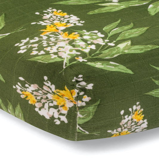 Green Floral Bamboo Muslin Fitted Crib Sheet by Milkbarn Kids