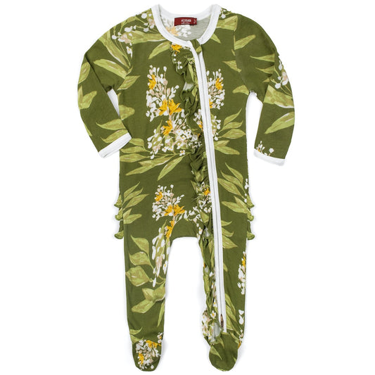 Green Floral Bamboo Ruffle Zipper Footed Romper by Milkbarn Kids