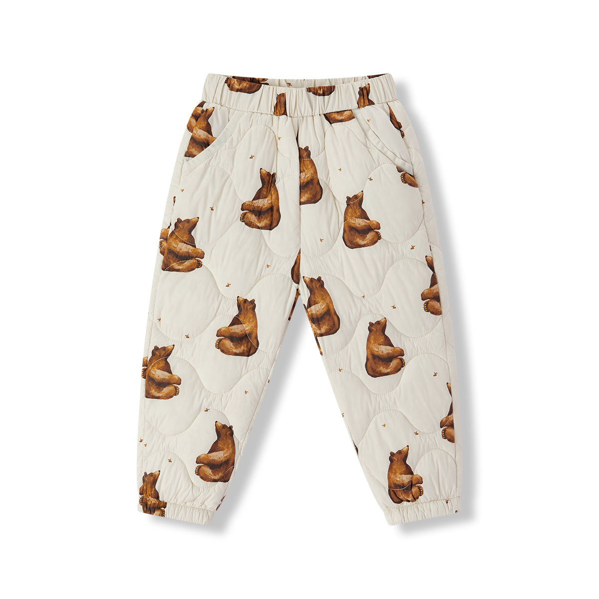 Pajama pants with bear pattern on a white background