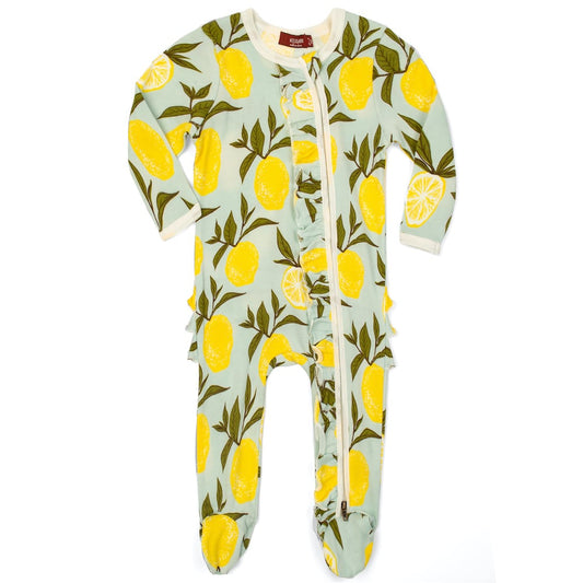 Lemon Organic Cotton Ruffle Zipper Footed Romper by Milkbarn Kids